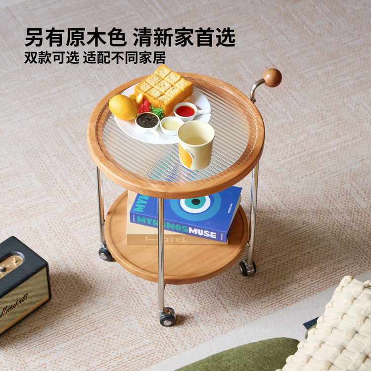 实木边几客厅现代简约移动圆几小户型双层玻璃小茶几