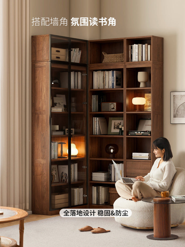 实木满墙书柜书房落地自由组合展示柜黑胡桃木收纳柜