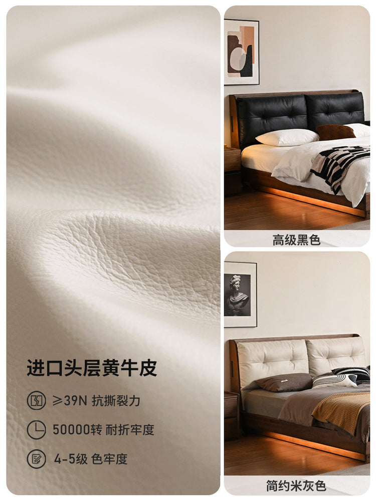 实木床真皮软包床简约黑胡桃木双人床卧室轻奢大床