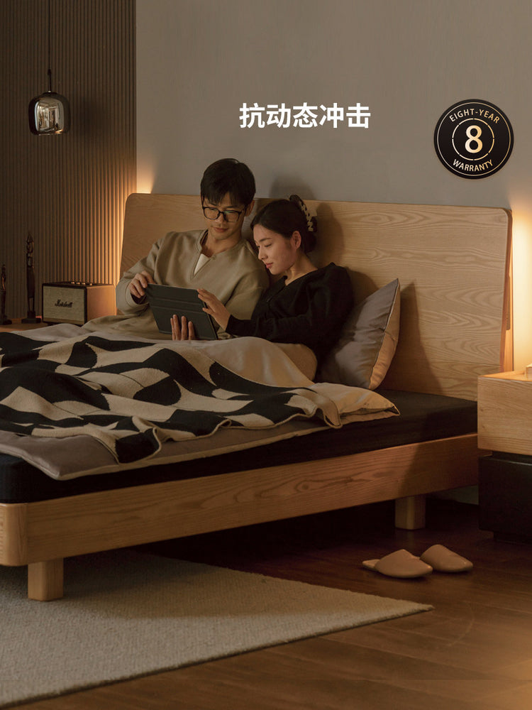 实木床现代简约白蜡木夜灯床黑标齐边床卧室多功能悬浮床