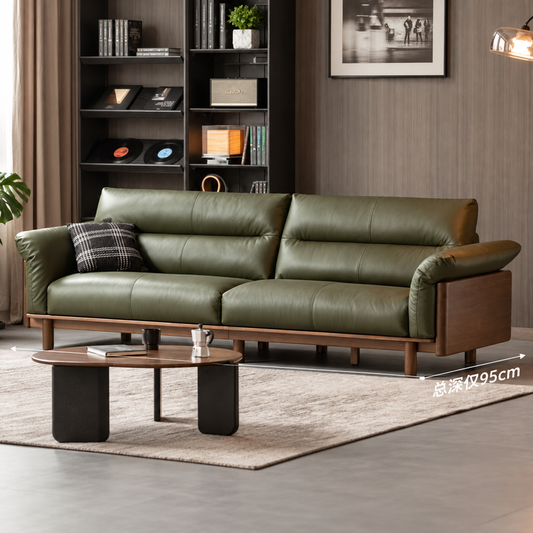 Modern Minimalist Solid Wood Living Room Sofa, High-Back Genuine Leather Black Walnut Straight Sofa
