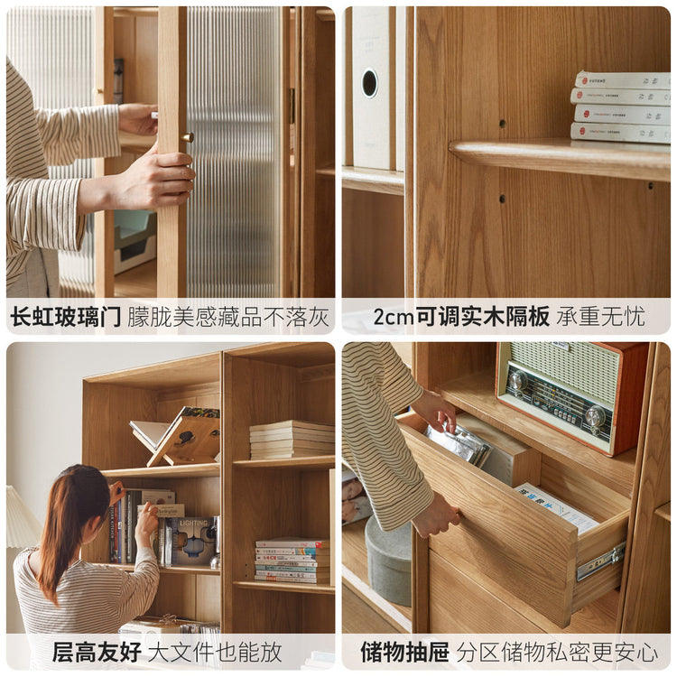 实木组合书柜现代简约白蜡木书架背景墙书橱书房落地柜子