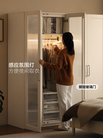 实木衣柜现代简约带灯储物柜卧室开门收纳柜白色衣橱