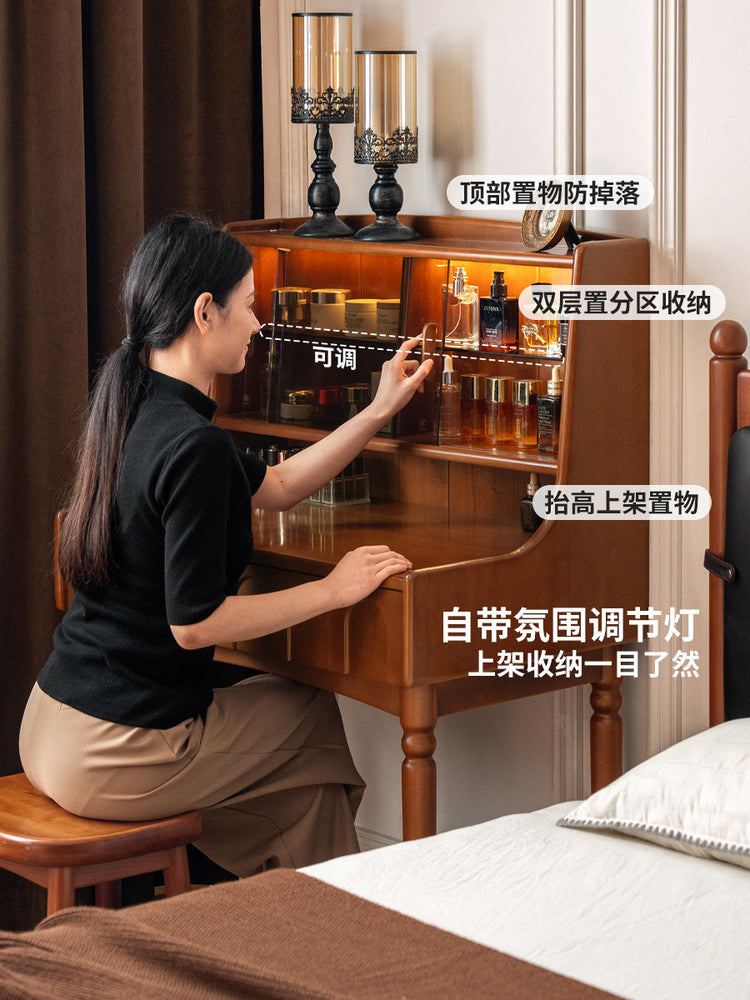 实木化妆桌法式复古多功能梳妆台卧室中古风化妆台