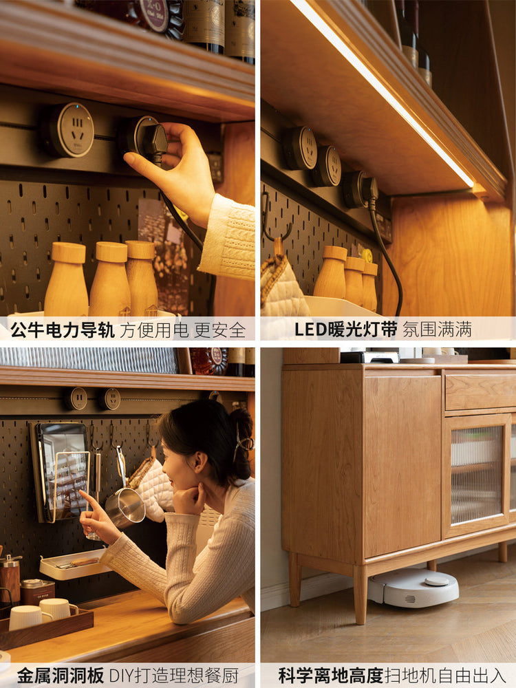 实木餐边柜靠墙一体餐厅中古风樱桃木储物柜茶水柜