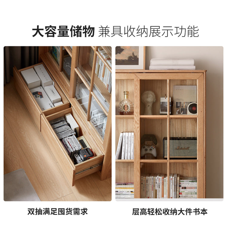 实木书柜现代简约移门收纳柜书房落地靠墙玻璃门展示柜