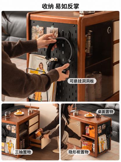 实木边几客厅中古风沙发边柜小户型多功能移动推车
