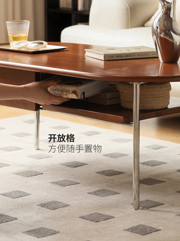全实木中古茶几法式复古茶桌小户型客厅极简双层茶台