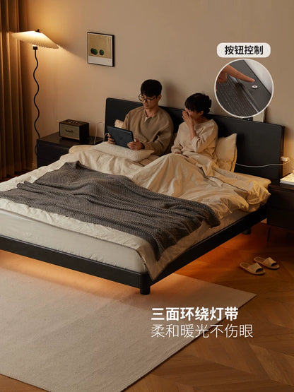 实木床北欧卧室家具带灯悬浮床现代简约大板床黑色双人床