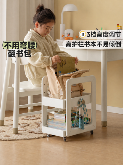 儿童实木书包架白色奶油风桌下储物架可移动小推车置物架