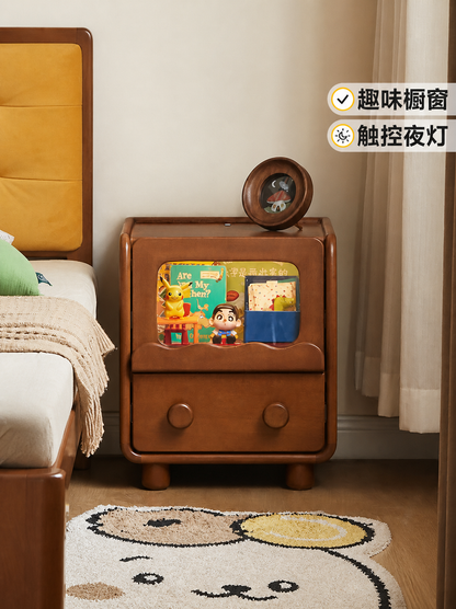 实木儿童床头柜卧室复古风创意置物架男孩女孩带灯储物柜