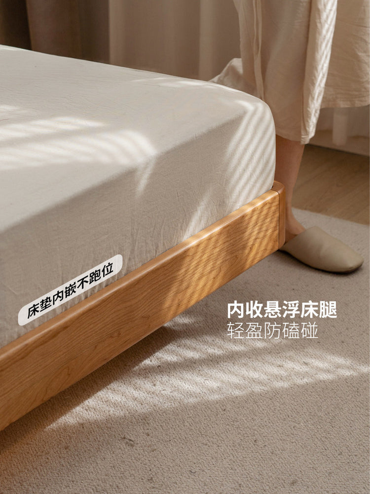 实木床樱桃木复古卧室悬浮床简约带灯双人床可充电斜靠床