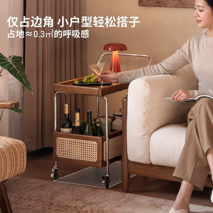 实木边几客厅中古风双层置物小茶几橡木胡桃色移动推车