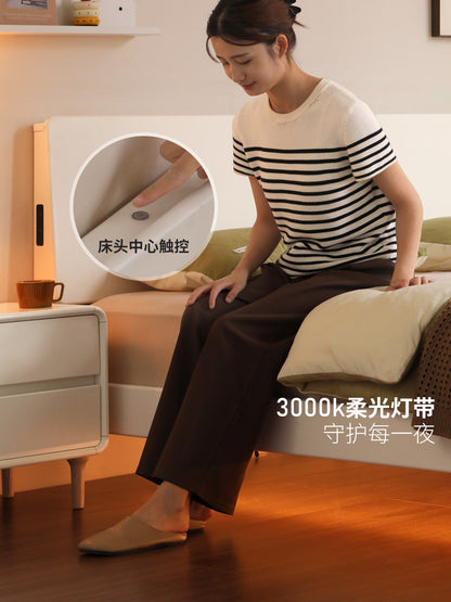 实木床奶油风家具卧室悬浮床简约夜光双人床白色大床