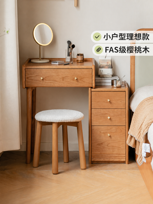 Solid wood vanity desk and cabinet combo, retractable makeup table for small apartments, cherry wood bedroom dressing table