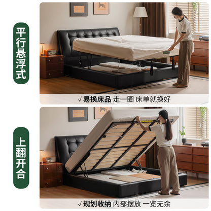 皮艺床高端大气真皮床卧室轻奢黑色软靠床储物箱体床