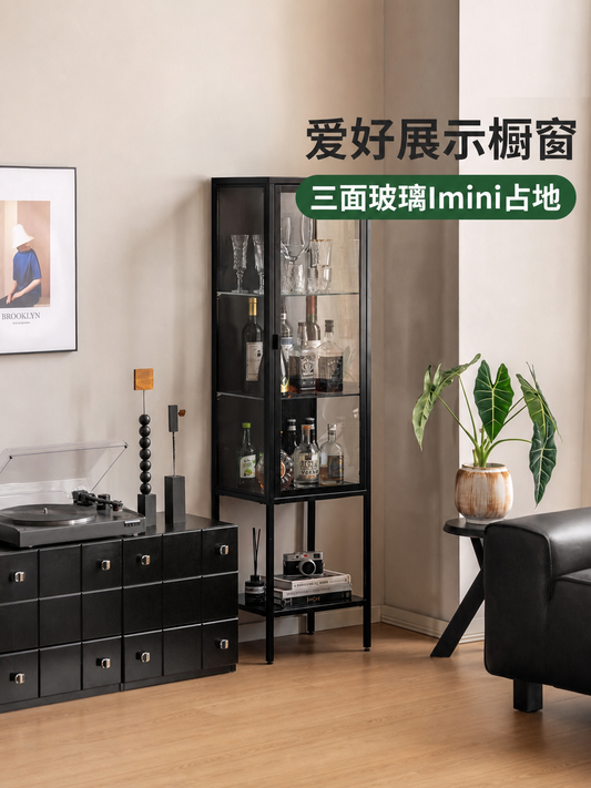 书柜展示柜小户型书房置物柜玻璃收纳柜黑色简约立柜