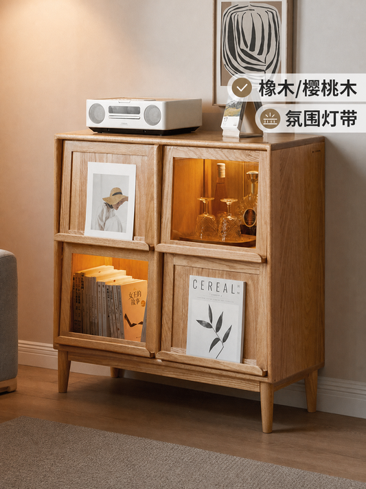 实木书柜四翻门带灯储物柜子中古樱桃木靠墙杂志柜