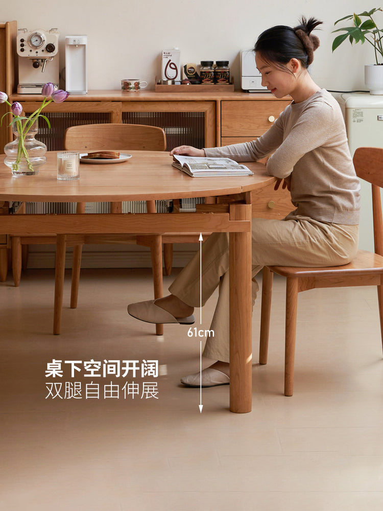 实木伸缩餐桌中古樱桃木圆桌吃饭桌子小户型折叠饭桌