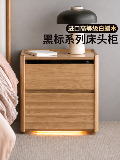 实木床头柜现代简约卧室收纳柜白蜡木黑标带灯储物柜