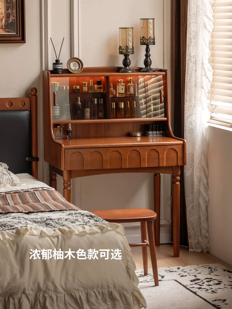 实木化妆桌法式复古多功能梳妆台卧室黑胡桃木化妆台
