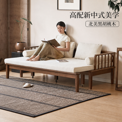 实木沙发床客厅新中式坐卧两用黑胡桃小户型布艺伸缩沙发