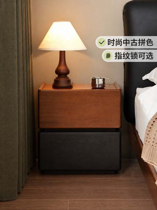 实木床头柜拼色中古床边柜卧室复古储物柜橡木带锁床尾柜