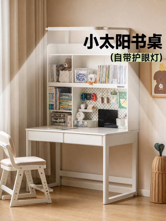 实木儿童学习桌书桌书架大路灯一体桌白色带灯阳光桌