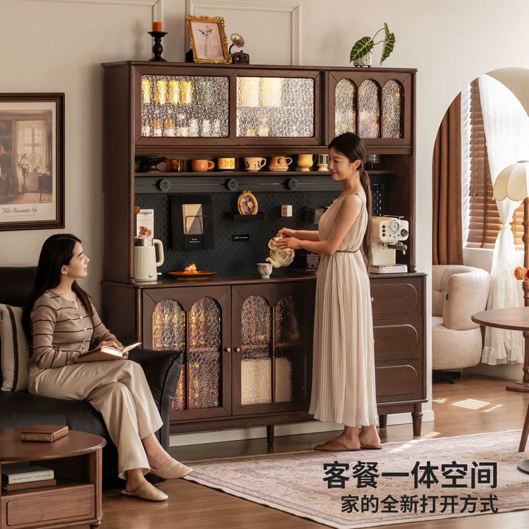 实木餐边柜法式复古餐厅置物柜储物柜胡桃色茶水柜子
