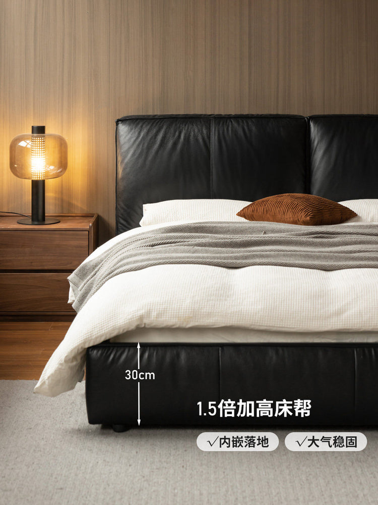 软包床卧室黑色大床互不打扰双人床意式轻奢真皮床