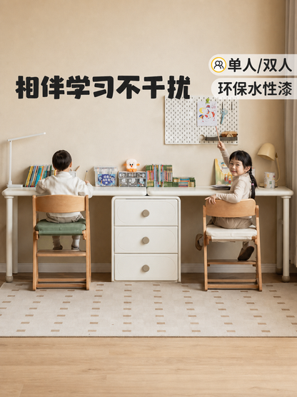 实木儿童学习桌白色奶油风写字桌学生伸缩双人书桌