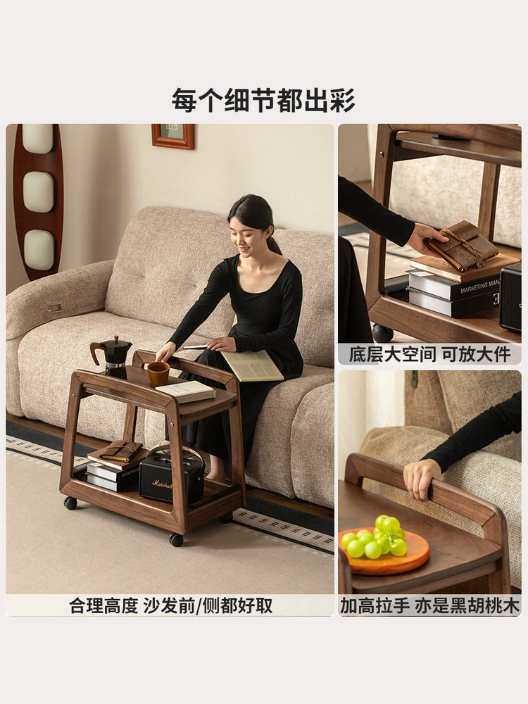 实木边几中古双层置物小茶几客厅角几黑胡桃木移动小推车