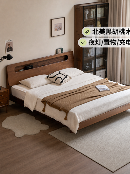 实木床黑胡桃木双人床卧室悬浮床置物多功能床夜光床