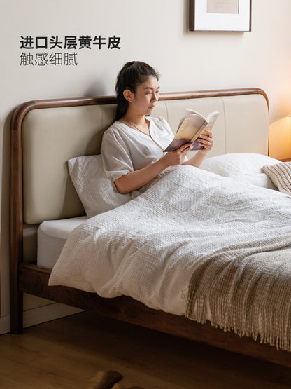 黑胡桃木大床北欧主卧实木双人床现代简约头层牛皮软靠床