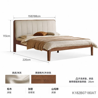 实木床真皮软包床简约黑胡桃木双人床卧室带插座1.8大床
