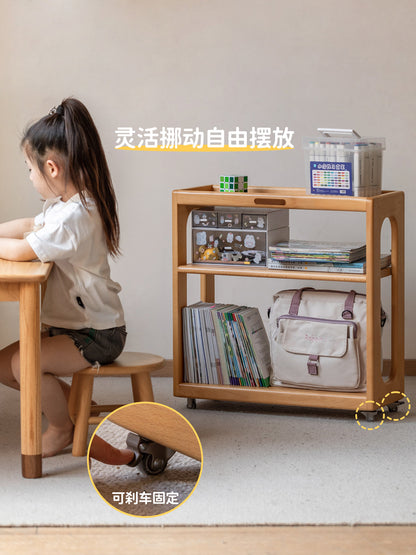 实木儿童蒙氏桌下书柜带轮子可移动小推车置物架收纳架