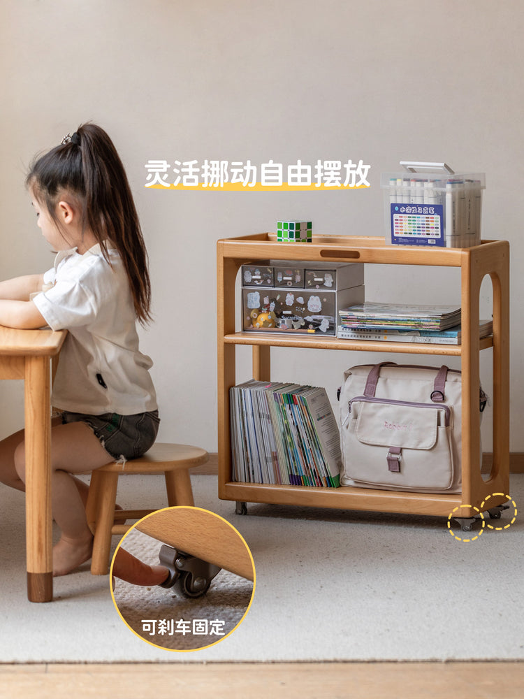 实木儿童蒙氏桌下书柜带轮子可移动小推车置物架收纳架