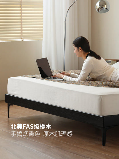 实木床现代极简橡木真皮床卧室高端大气黑色双人床
