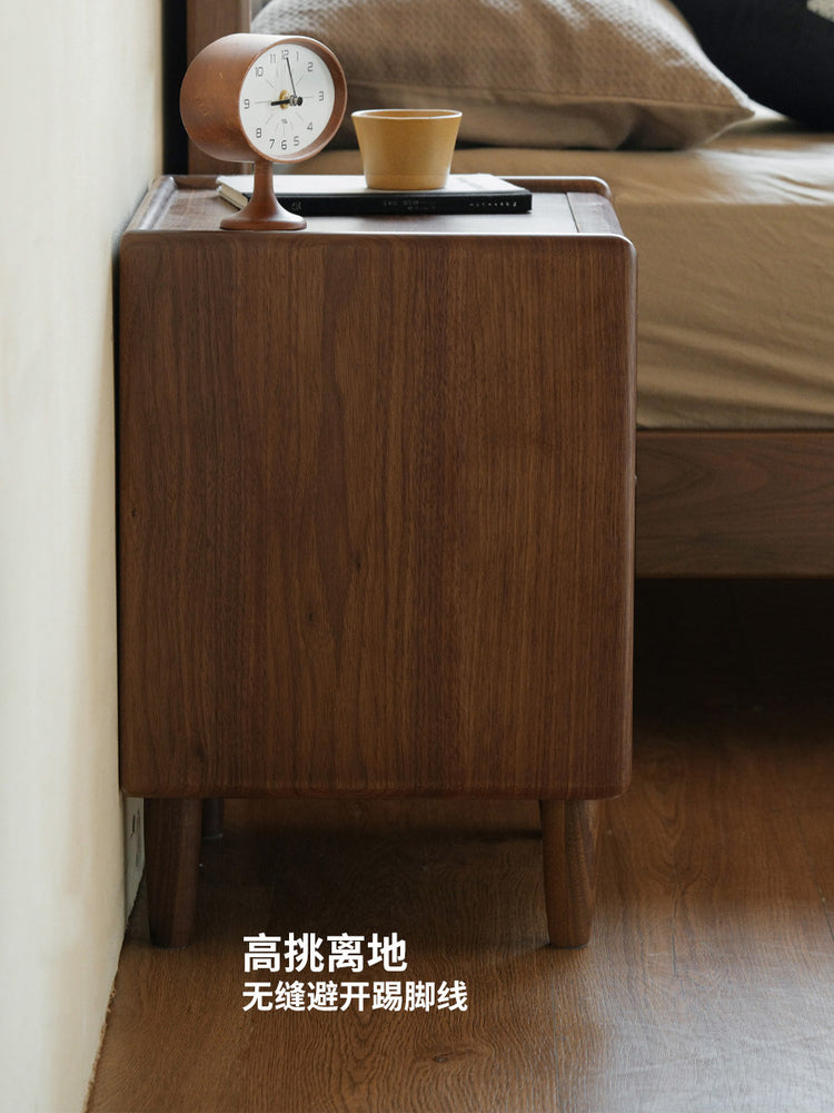 实木床头柜卧室床边黑胡桃木柜子中古风骨骼线储物柜