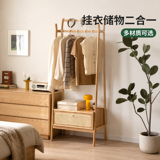落地挂衣架简约藤编置物架卧室多功能衣帽架北欧实木家具