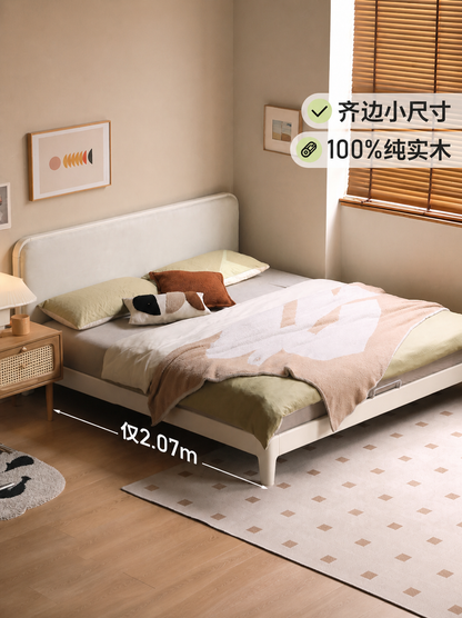 实木床卧室奶油风软靠床现代简约白色齐边床双人床