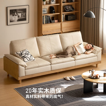 实木客厅现代简约真皮沙发白蜡木高靠背直排沙发