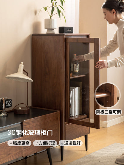 实木边柜客厅靠墙电视柜置物柜黑胡桃木沙发旁储物柜立柜