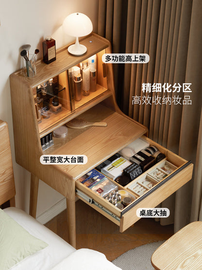 实木梳妆台书桌一体卧室白蜡木化妆桌小户型带灯化妆台
