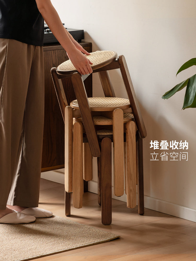 实木圆凳餐厅复古藤编小户型堆叠凳胡桃色小凳子