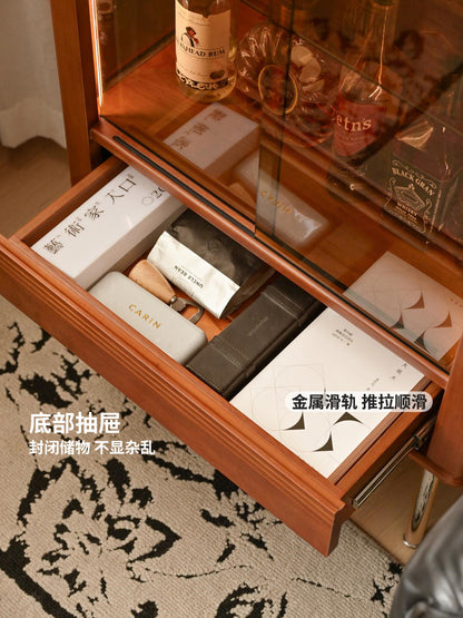 实木边柜美式复古收纳柜客厅中古风展示柜玻璃陈列柜