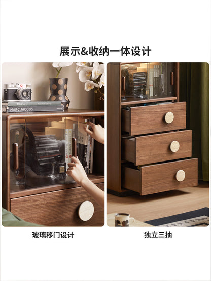 实木边柜客厅复古抽屉储物柜黑胡桃木展示柜落地置物柜