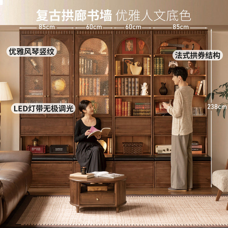 实木书柜卡座一体黑胡桃木展示柜书房法式复古落地储物柜