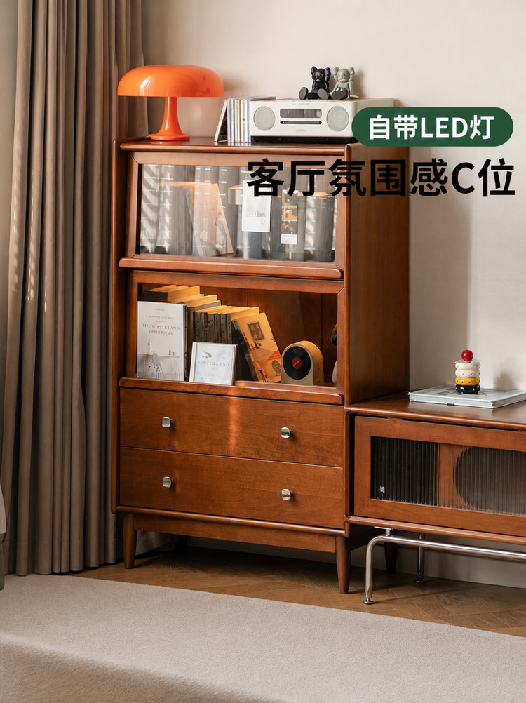 实木边柜法式复古收纳储物柜客厅中古展示柜翻门书柜
