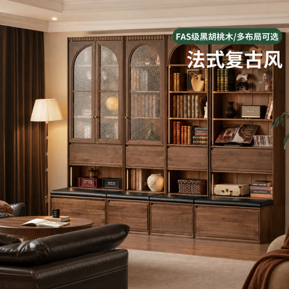 实木书柜卡座一体黑胡桃木展示柜书房法式复古落地储物柜